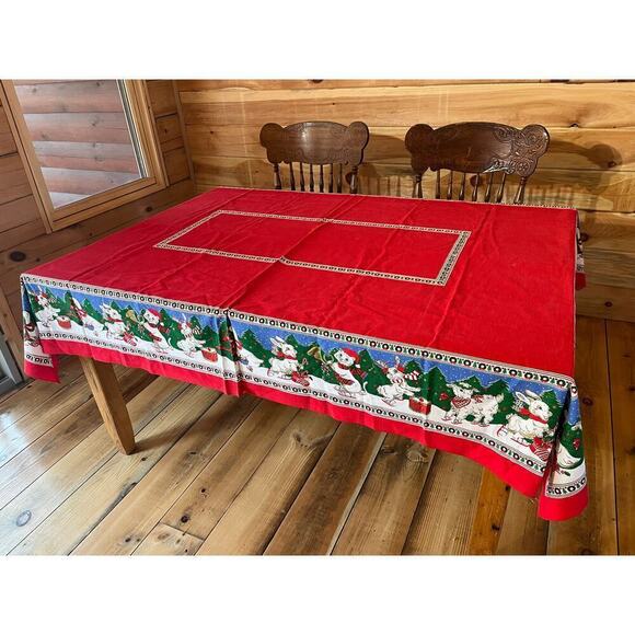 Vintage Christmas Tablecloth Animals Ice Skating Trees Winter Snow Cats 7x5 - Picture 3 of 5